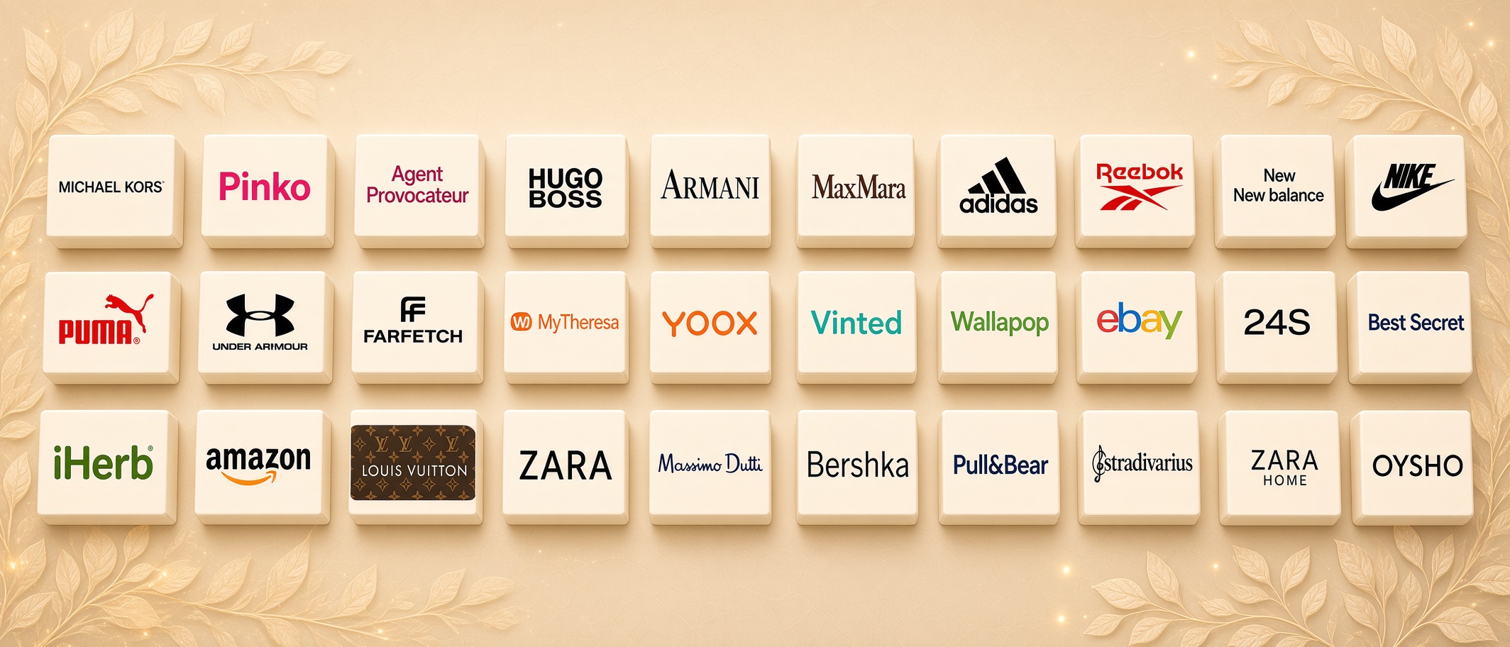 Логотипы популярных брендов и официальных магазинов: Michael Kors, Pinko, Hugo Boss, Armani, Max Mara, Adidas, Nike, Puma, Amazon, Zara и другие
